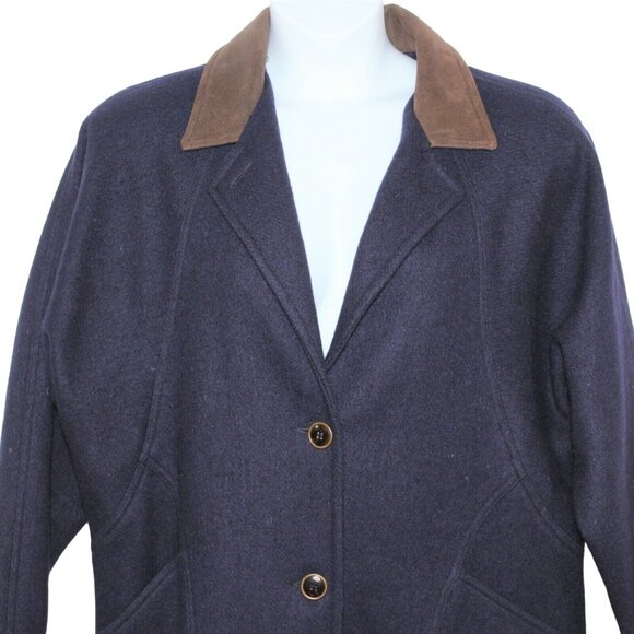 Vintage 80s JOFELD Medium Leather Trim Collar Navy Blue Wool Blend Coat USA - Picture 9 of 12